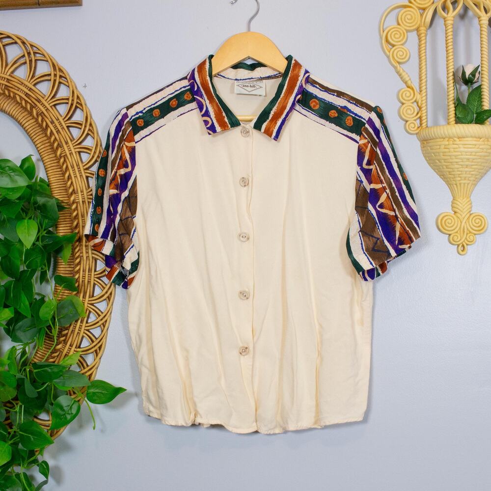 VTG Ivory Southwestern Geometric Print Blouse Tribal Border | Soft Autumn